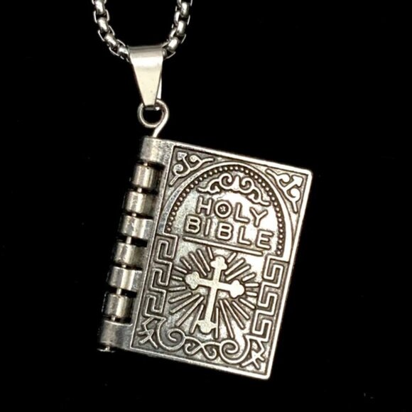 Bible Necklace 4 Pages Turnable Lords Prayer Pages 27” Block Chain Silver Tone - Picture 1 of 16